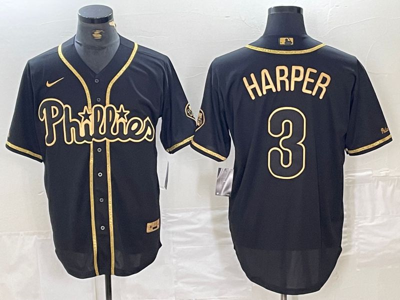 Men Philadelphia Phillies 3 Harper Black gold Fashion 2024 Nike MLB Jerseys